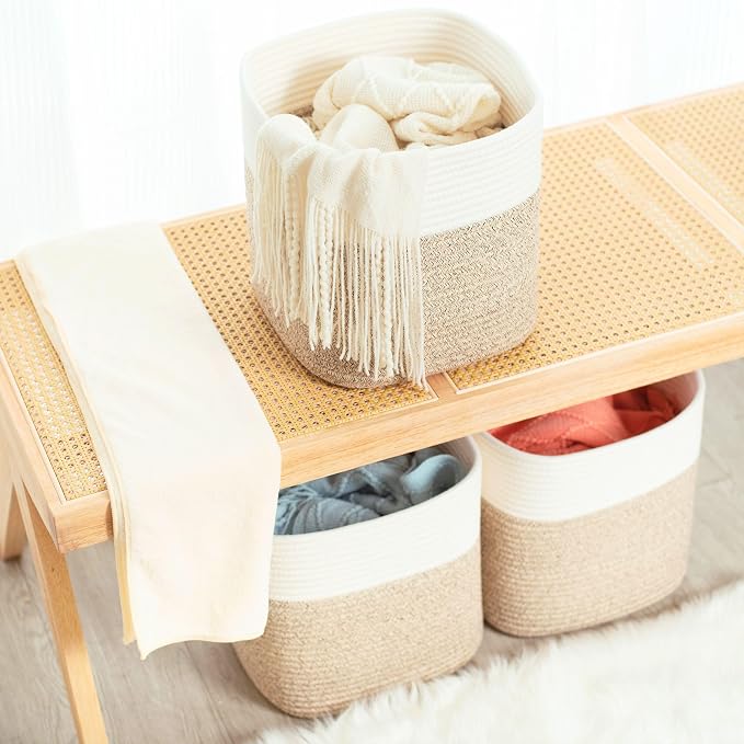 3-Pack 11x11in Woven Cube Storage Bin and Shelf Baskets, Cute Decorative Square Organizer for Closet, Classroom, Bathroom, Dog and Cat Toys, and Books, Light Brown - Image 6