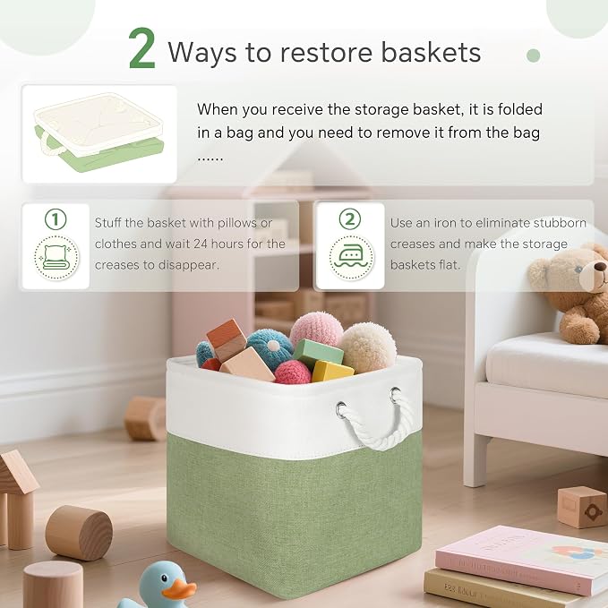 FinishingBo 11 inch Cube Storage Bin with Handles 6 Pack | Foldable Basket, Fabric Storage Bins, Closet Storage, Home Organizer (White/ Green) - Image 5