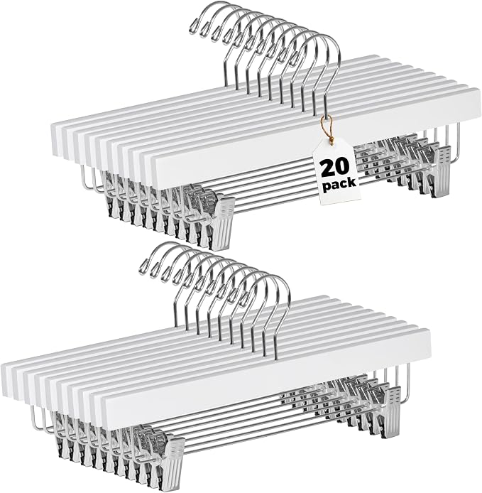 Quality Hangers Wooden Pants Hangers - 20-Pack Swivel Hook Cloth Hanger Set - Lotus Wood Skirt, Pant, Shorts and Slack Hangers with Adjustable Clip – White Clothing Hanger (White, 20) by QualityHangers