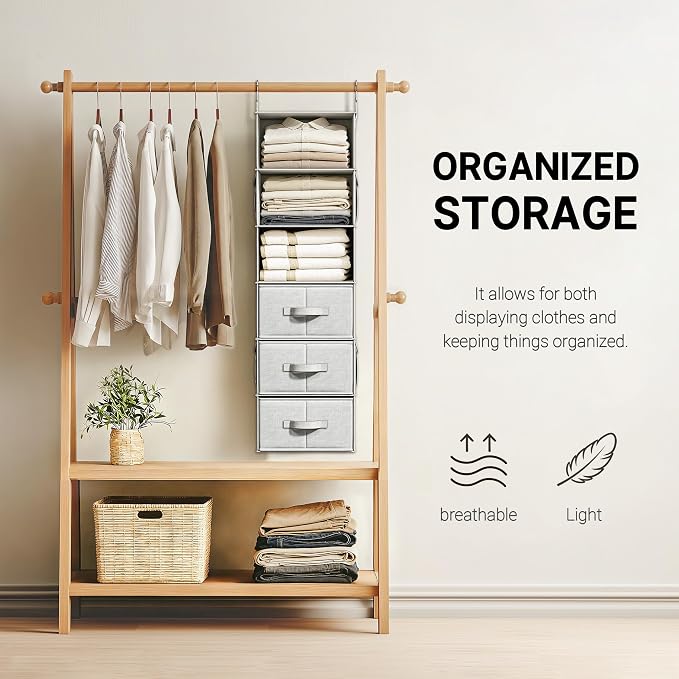 6-Shelf Hanging Closet Organizer with 3 Fabric Drawers, Silver Gray | Removable Fabric Drawers, Side Pockets, Reinforced Structure, Space-Saving Storage for Clothes, Nursery and Dorm Rooms - Image 5