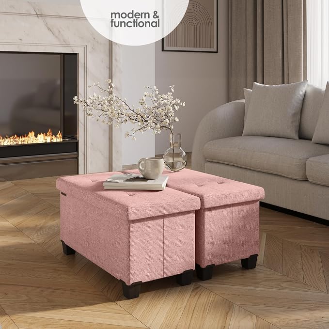 Storage Ottoman Bench with Bins, 30-in Storage Bench for Bedroom End of Bed, Folding Foot Rest Ottoman for Living Room Max 660lbs, Fabric Ottomans, Pink - Image 2