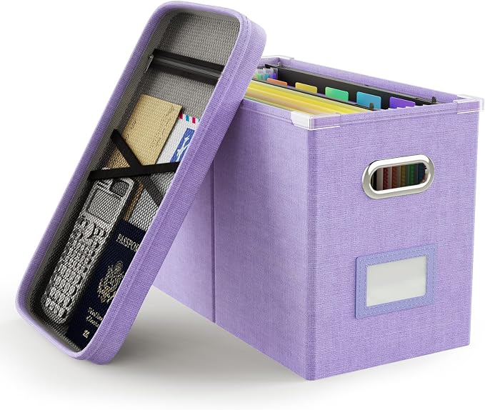 File Organizer Box with Lid, Hanging Filing File Box with Mesh Pocket, Document Organizer Box for Letter Files, Portable Storage Box with Smooth Sliding Rail for Office&Home (1 PCS, Lavender) by Oterri