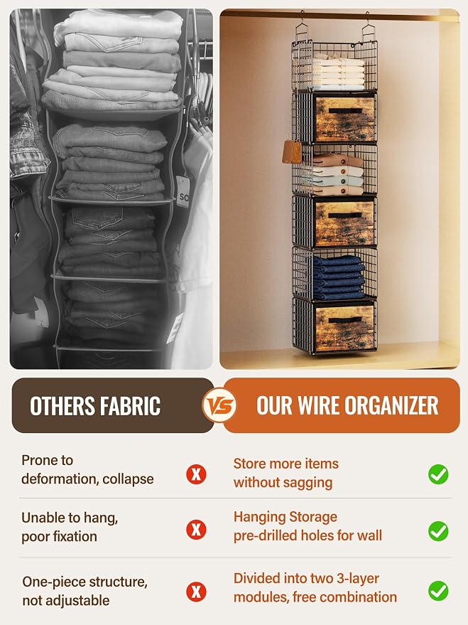 Closet Hanging Organizer with Drawers, 6 Tier Metal Closet Organizers and Storage with 4 Hanging Hooks 4 S-Hooks for Wardrobe Laundry Room, Wire Storage Shelf for Clothes Sweaters Pants (Black) - Image 4