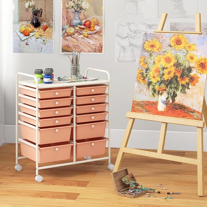 Giantex 12 Drawers Rolling Storage Cart, Classroom Organizers with Wheels for Tools Scrapbook Craft Paper Teacher Office School Supplies (Peach Fuzz) - Image 9