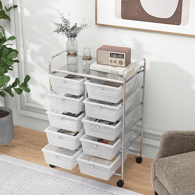 10 Drawer Rolling Cart, Storage Cart Organizer on Wheels, Drawer Cart with Metal Frame & Large Storage Capacity, Rolling Cart with Drawers for Living Room Classroom, Office - Image 8