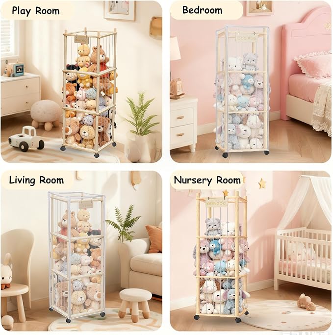 yofit 56" Stuffed Animal Storage Organizer with Wheels, Plush Storage Wooden ZOO with Removable Dust-Proof Cover for Playroom Bedroom Living Room Kids Room - Image 5