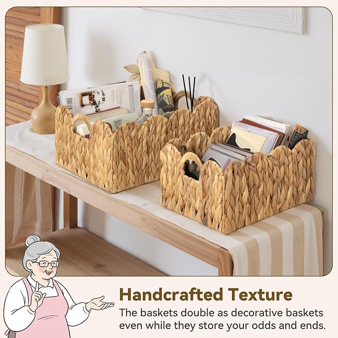 GRANNY SAYS Wicker Storage Basket for Shelves, Scalloped Baskets for Pantry | Scalloped Water Hyacinth Basket, Storage Wicker Basket for Pantry, Water Hyacinth Baskets with Scalloped Edge, Woven Baskets - Image 3