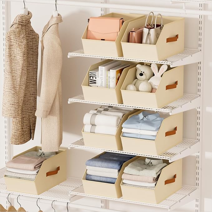 Large Closet Storage Cubes - Closet Storage Bins with Dual Handles for Clothes, Towels, Toys, Shelf Organizer Bins for Bedroom, Nursery, Shelves, Small Spaces, Beige, 4 Pack - Image 4