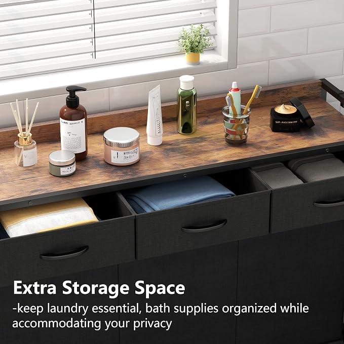Laundry Hamper Laundry Basket with 3 Section Pull-Out Rolling Bags, Laundry Sorter for Organization and Storage with 2 Pull-Out Drawers for Laundry Room (Brown+Black, 43.31'' x 31.81'' x 12.6'') - Image 5