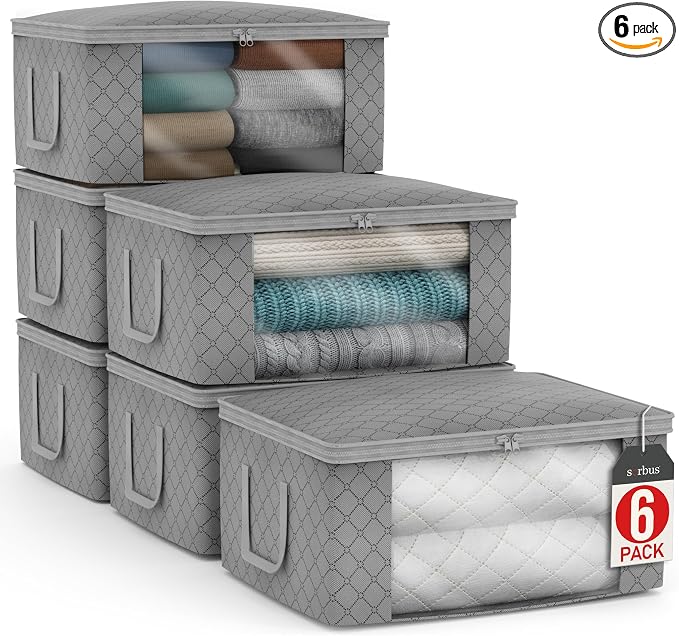 Sorbus Medium Clothes Storage Bags - Foldable Blanket Storage Bins for Organizing Bedroom, Closet, Clothing, Comforter, Organization with Clear Window, Lids and Carry Handles - Set of 6 by Sorbus