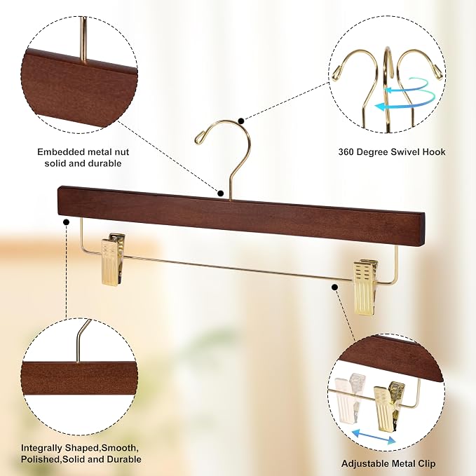 Quality Hangers Wooden Pants Hangers - 100-Pack Swivel Hook Cloth Hanger Set - Lotus Wood Skirt, Pant, Shorts and Slack Hangers with Adjustable Clip – Clothing Hanger Set (Walnut - Gold Hook, 100) - Image 2