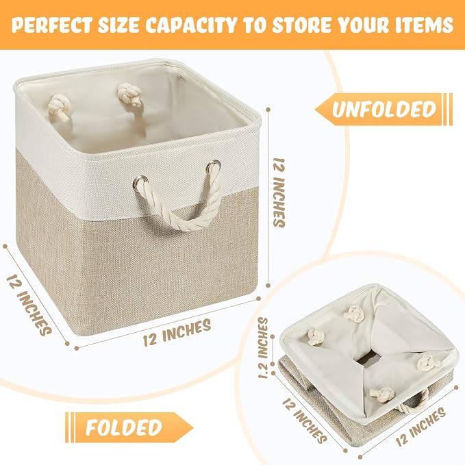 6 Pack 12x12 Inch Cube Storage Bins Square Fabric Cube Baskets, Light Brown | Foldable Organizer with Sturdy Handles, Home Closet Bin for Shelves, Durable Cube Baskets Bulk for Home Storage - Image 2