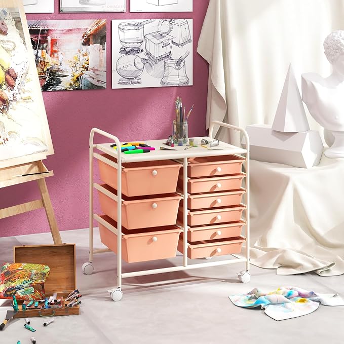 RELAX4LIFE 9 Drawer Rolling Storage Cart - Mobile Drawer Carts for Craft Art Supply Paper Salon, Utility Cart on Wheels for Classroom Teacher School Office, Rolling Cart with Drawers (Pink) - Image 8