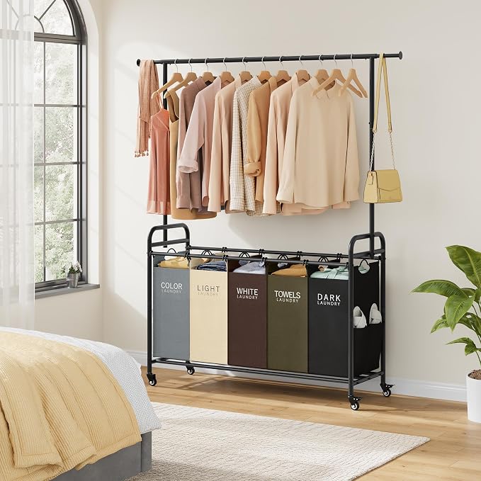 Laundry Sorter Cart with Hanging Rack, 5 Section, 5 Colors | 246L Rolling Laundry Hamper with Lockable Wheels and Removable Bag, Laundry Basket Organizer for Bathroom, Laundry Room - Image 8