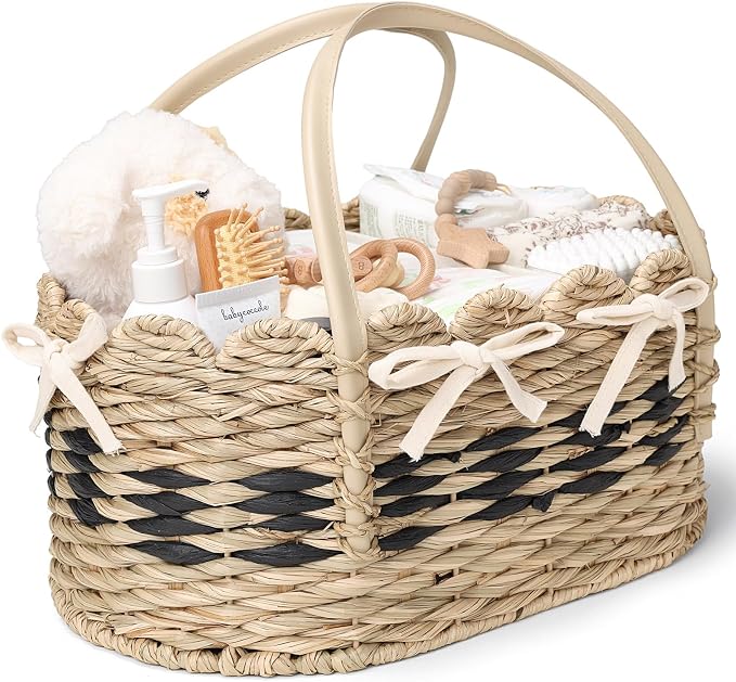 Large Diaper Caddy Organizer, Handwoven Natural Seagrass Basket with 5 Compartments, Scalloped Wicker Changing Table Organizer (Natural, XXL) - Image 9