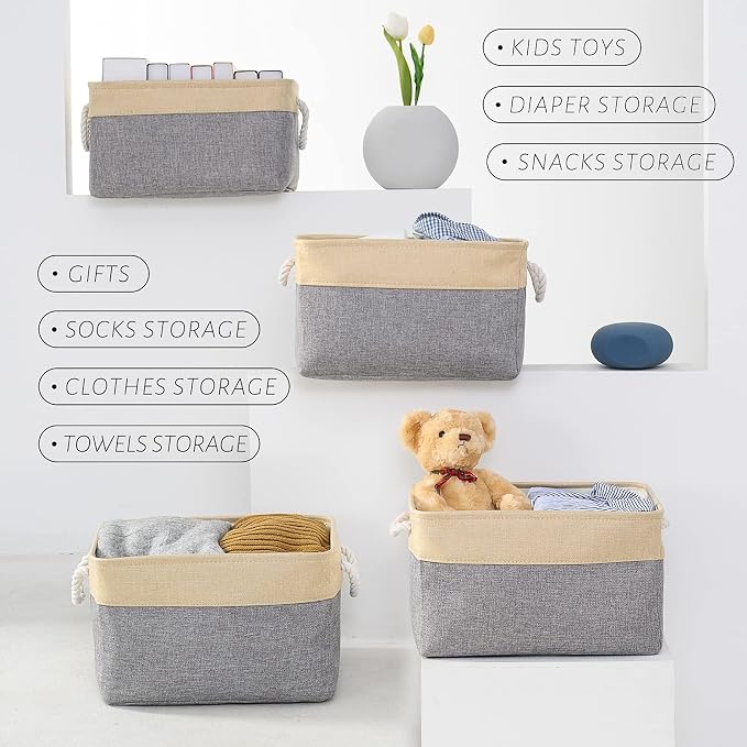 Organization and Storage Basket for Organizing - Large 4 Pack 16x12x8 inch Collapsible Baskets for Shelves Fabric Storage Cube, Storage Bins for Laundry Cloth Books Gift (Gold & Grey) - Image 3