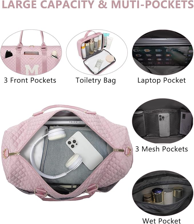 Women Weekender Travel Duffle Bag: Initial Duffel Overnight Bags with Shoe Compartment Large Carry on Tote with Toiletry Bag Weekend Traveling Yoga Gym Hospital Bag for Women with Wet Pocket Letter M - Image 3