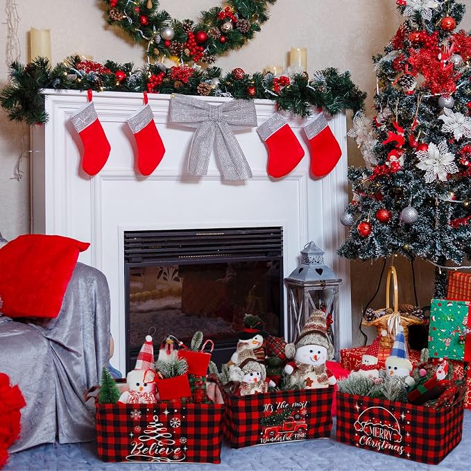 CHENGU 6 Pack Christmas Storage Basket Collapsible Christmas Basket for Gifts Buffalo Plaid Holiday Decor Large Snowman Bin Foldable Xmas Tree Box with Handle for Bedroom Office Home - Image 4