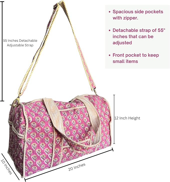 ATOSII Large Duffle Bag, Handblock Print 100% Quilted Cotton for Overnight Trip, Travel Weekender, Luggage, 2 Pockets with Zipper, 1 Front Pocket, Detachable Long Strap, 20 X 10 X 12 Inches, Berry - Image 2