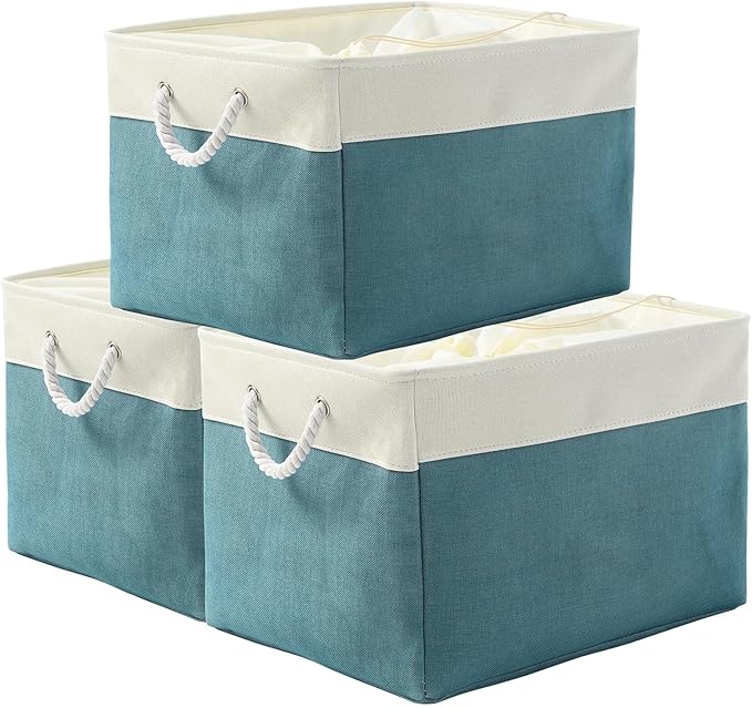 Storage Bin for Shelves - Extra Jumbo 3 Pack 20.5L×15.7W×13.8H Storage Basket for Organizing, Fabrin Storage cubes with Drawstring Cover for Living Room Bedroom Decor Closet（White & Green by TheWarmHome