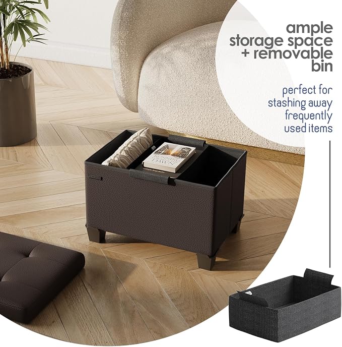 Storage Ottoman Cube with Small Bin, 16-in Square Ottoman with Storage for Living Room and Bedroom, Small Ottomans Foot Rest, Leather Foot Stools Ottomans Max 330lbs, Brown - Image 3