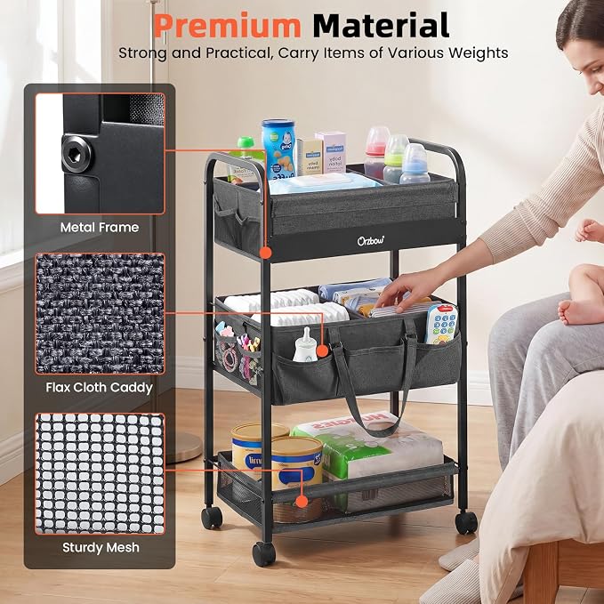 Orzbow Diaper Caddy cart, 3 Tier Baby Rolling Storage Cart | Detachable Infant Essentials Nursery Storage for Bedroom, Changing Table & Crib - Image 7
