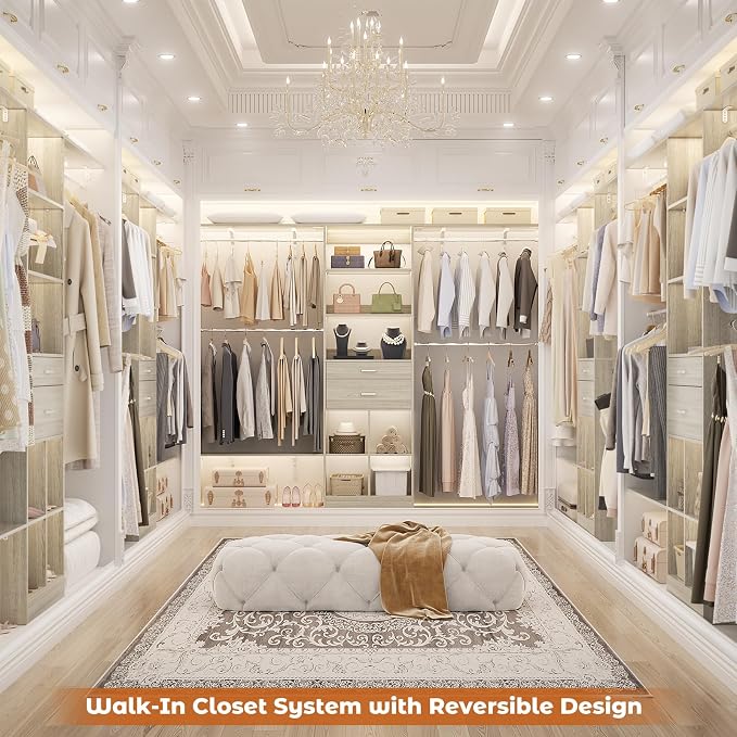 Besiost Closet System - 8FT Closet Organizer System with Wooden Drawers, 96" Closet Systems for Nursery & Walk-In Closets with Cuttable Hanging Shelving, Greige Oak - Image 4