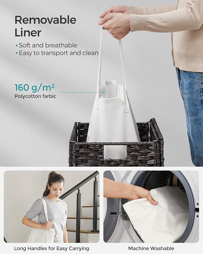 SONGMICS Laundry Hamper with Lid, 23.8 Gallon (90 L) Synthetic Rattan Clothes Laundry Basket with Lid and Handles, Foldable, Removable Liner, Black ULCB51BK - Image 6