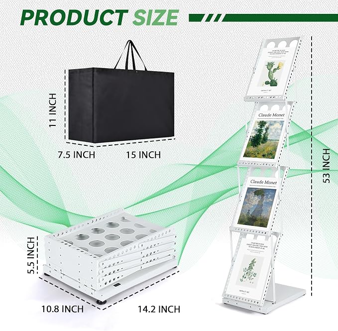 Literature Stand Rack, Standing Magazine Brochure Catalog Display Stand | Collapsible Flyer Holder, Metal Magazine Floor-Standing with Portable Oxford Bag for Office Store Exhibition Trade Show White - Image 2