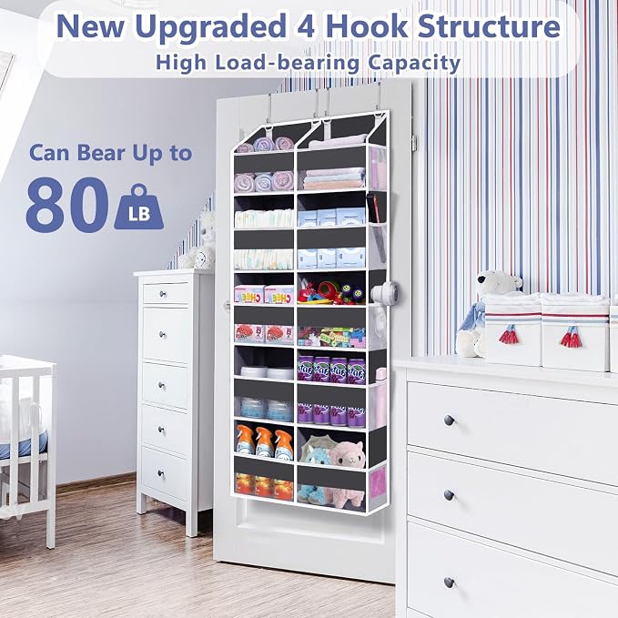 Heavy Duty Over The Door Organizer 5 Tiers, Extra Large Behind Door Storage of 10 Big Front & 10 Mesh Pockets, 80lb Weight Capacity, Hanging Doors Storage Organizer for Closet Bedroom Nursery, Grey - Image 5