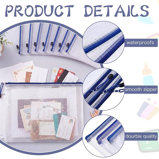 Zhehao 200 Pcs A4 Mesh Zipper Pouch Bulk Waterproof Mesh Zipper Organizer Plastic File Folder Case for School Office Supplies Document Board Games Puzzle (Blue) - Image 3