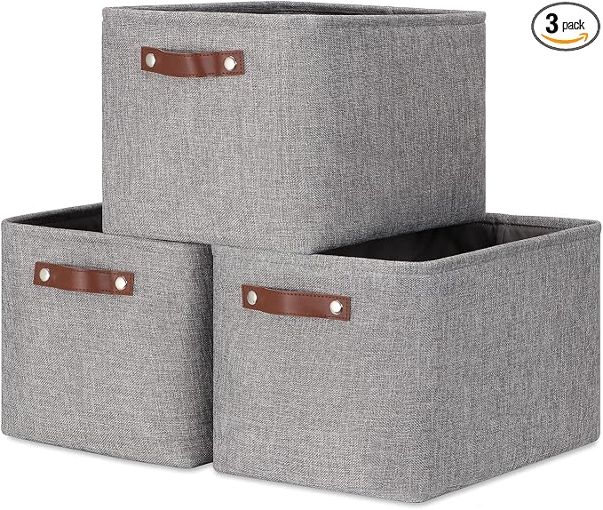 DULLEMELO Medium Storage Baskets for Organizing, Rectangular Fabric Storage Bins Collapsible, Perfect for Shelves, Closets, Nursery, Home, Office, Empty Gift Baskets (3-Pack,Grey) by DULLEMELO