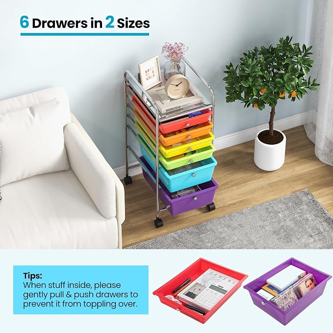 Giantex 6 Storage Drawer Cart Rolling Organizer Cart for Tools Scrapbook Paper Home Office School Multipurpose Mobile Utility Cart (Tomato, Orange, Light Green, Turquoise, Purple) - Image 8