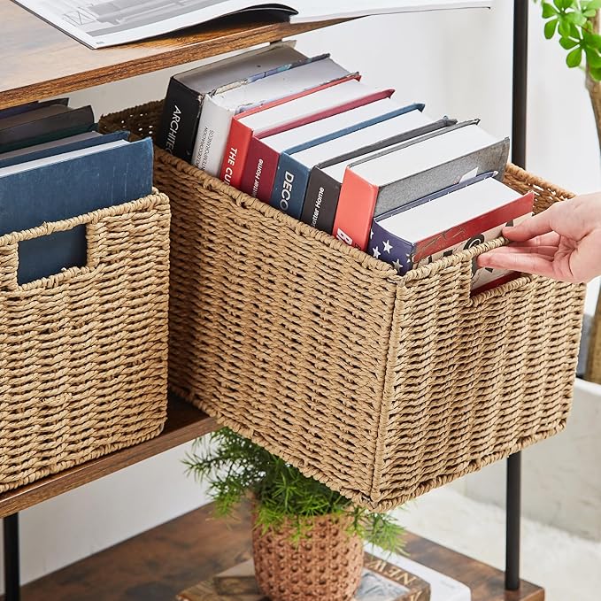 Wicker Storage Basket, Set of 2 Hand-Woven Paper Rope Wicker Basket, Small Storage Baskets for Organizing Toilet Paper Basket, Foldable Large Cube Storage Organizer Bins for Shelves (Natural) - Image 4