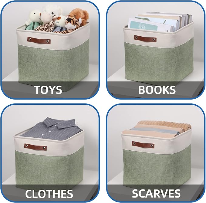 Temary Cube Storage Baskets for Shelves 4pack Fabric Storage Basket for Organizing Clothes, 13 Inch Storage Cubes with Leather Handles, Closet Baskets (White&Green) - Image 5