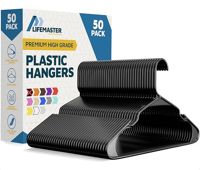 Lifemaster Plastic Clothes Hanger Set - 50 Pieces Versatile, Lightweight, Space-Saving, Non-Slip, Slim Designed, Dry and Wet Clothes Hanger Set - Black by LIFEMASTER