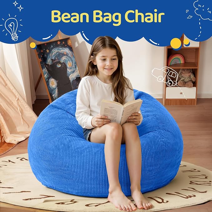 2FT Bean Bag Chair: 2' Small Bean Bags with Memory Foam Filled | Beanbag Chairs with Handle,Teardrop Bean Bag Sofa with Corduroy Machine Washable Cover for Living Room,Bedroom-Blue - Image 3