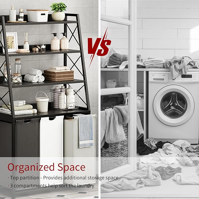 Herture Laundry Basket, 3 Section Laundry Hamper with 4 Tiers Shelf, Pull-Out and Removable Laundry Bags, Large 3 x 15.87 Gallons, for Laundry Room Bathroom Black PF05XLK - Image 6