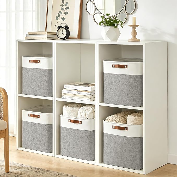 Large Fabric Storage Baskets | 50L Storage Bins, Decorative Linen Closet Baskets with Handles for Organizing, Shelf, Toys, Clothes, Home, Office, Nursery, 17x12x15Inches (Grey&White) - Image 3