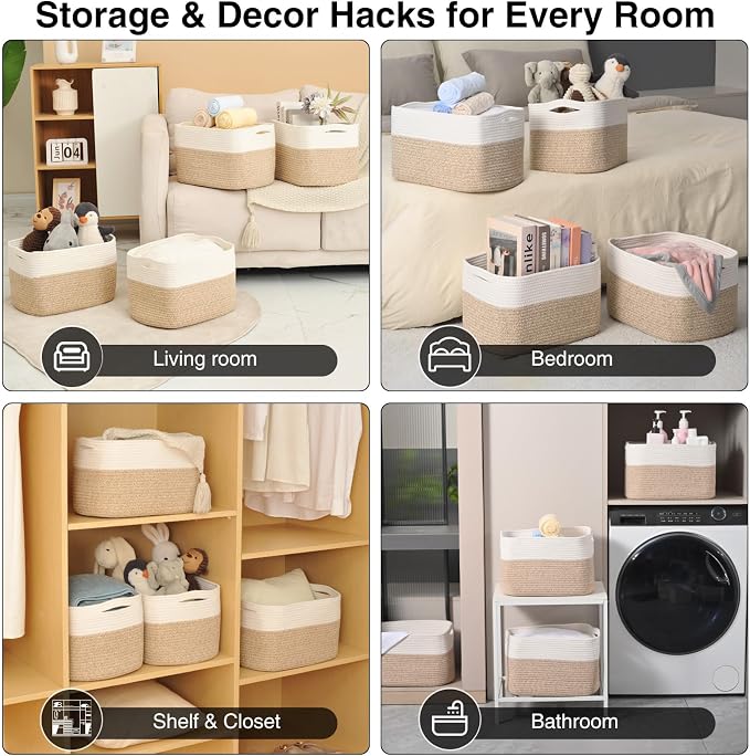 ICERZCZ Woven Cotton Rope Storage Baskets for Organizing & Shelves, Organization Bins for Dog Toys, Clothes, Books, Nursery Organizer, 15"x11"x9", Off White & Mixed Brown (4 Packs) - Image 4