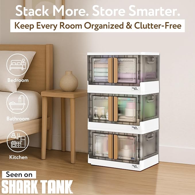 Quik Box - 8.5 Gallon Stackable Storage Bins with Doors & Wheels - Collapsible Organizer for Dorms, Bedroom & Home - Durable Polystyrene - White - Image 2