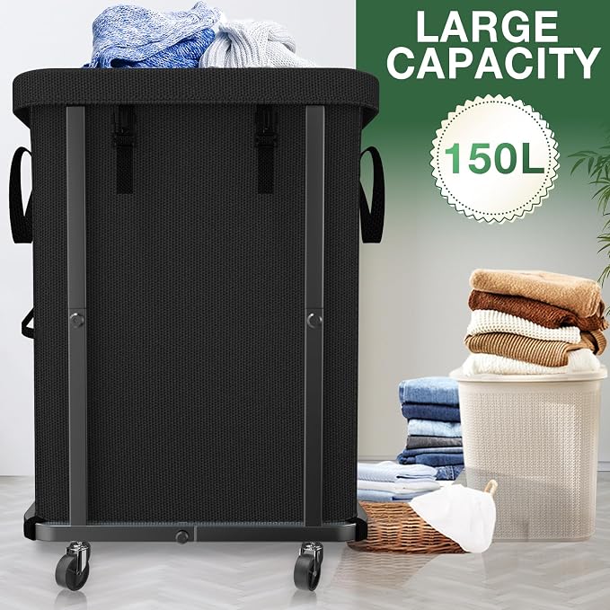 Laundry Basket with Lid,150L Rolling Laundry Hamper with Wheels Black | Dirty Clothes Hamper with Metal Frame and Removable Bag Design,Large Rolling Hampers for Laundry Room, Bedroom,Dorm - Image 2