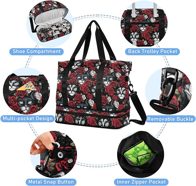 Travel Duffel Tote Bag Gothic Skull Cat Rose Sports Duffel Bag with Wet Pocket Weekender Overnight Bag for Women Men Gym Bag, Carry On Bag Hospital Bag for Labor and Delivery - Image 2