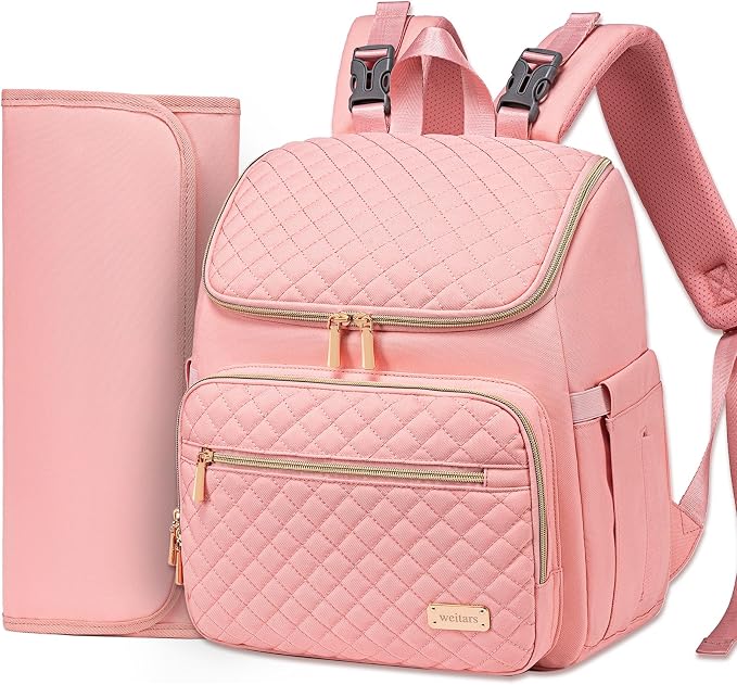 Diaper Bag Backpack Large Baby Diaper Bag with Changing Pad Travel Diaper Backpack,Baby Bag for Boys Girls,Stroller Straps,5 Insulated Pockets (Pink) by Weitars