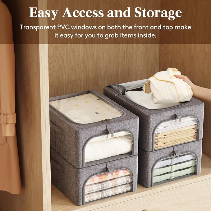 Lifewit Clothes Storage Bins with Metal Frame 3 Pack, Fabric Stackable Storage Bags with Lids, Zipper, Foldable Clost Organizers Containers for Clothing, Blanket, Winter Cloth, 25L - Image 6