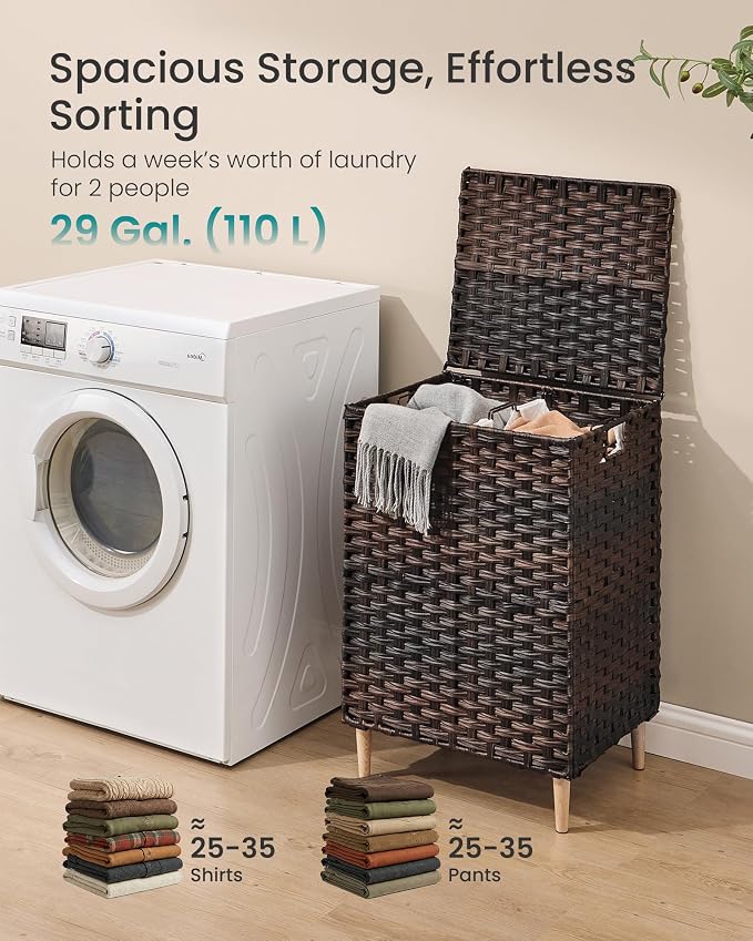 SONGMICS 2-Section Laundry Hamper with Lid, 29 Gal (110L) PE Rattan Laundry Basket with Removable Washable Liners, for Bedroom & Living Room, Chestnut Brown ULCB222ME01 - Image 3