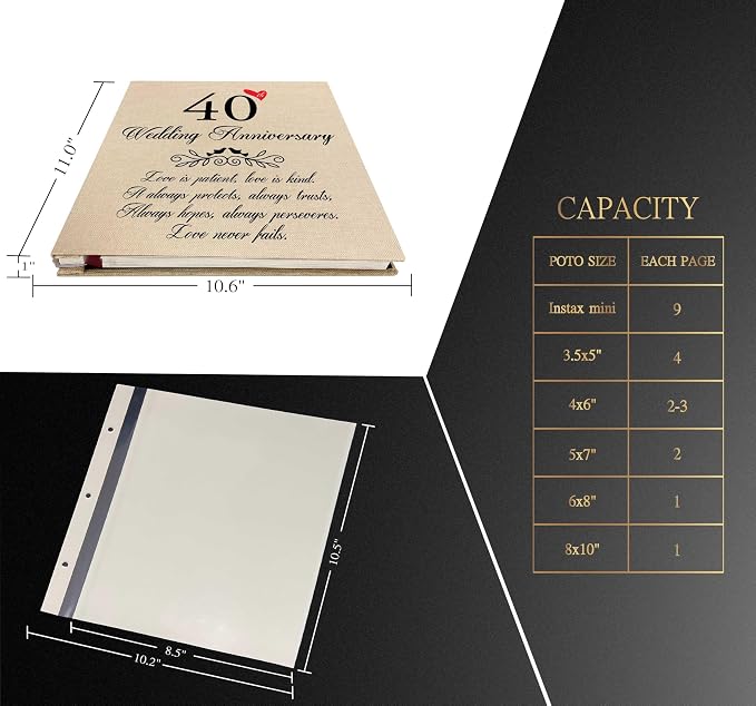 Treble Bee 40th Wedding Anniversary Photo Album, Linen Cover with Love Quote, Golden Marriage Love Never Fails Memory Keepsake, Gifts for Parents 40 Years of Love - Image 2