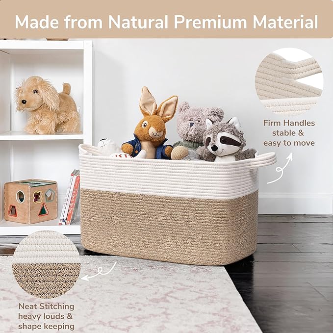 Goodpick Large Woven Rope Blanket Basket, Rectangle, White & Light Brown | 21.6" × 14.9" × 11.8" Storage Basket for Pillows & Toys Laundry, Nursery & Living Room Organization, Reinforced Handles - Image 6