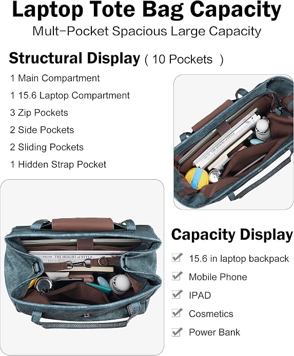 Large Laptop Tote Bag for Women Designer Leather Laptop Bag, 15.6in | Fashion Travel Backpack Purse Shoulder Handbag Fits 15.6 Laptop, Daily, Work, Business Trip, Weekend Travel, Teacher - Image 3