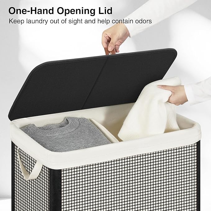 STO STO 2 Section Laundry Hamper with Lid, 140L Steel-Frame Double Laundry Hamper with Removable Washable Liner, Breathable Large Laundry Basket for Bedroom, Bathroom, Laundry Room, Dorm, Closet - Image 7